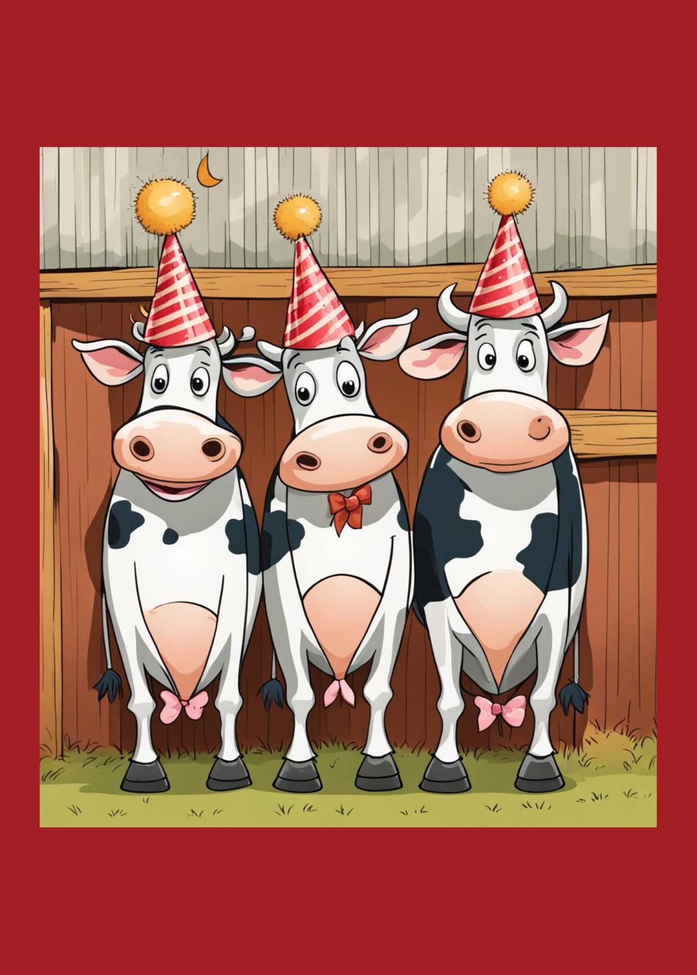 Birthday card with three cows wearing party hats.