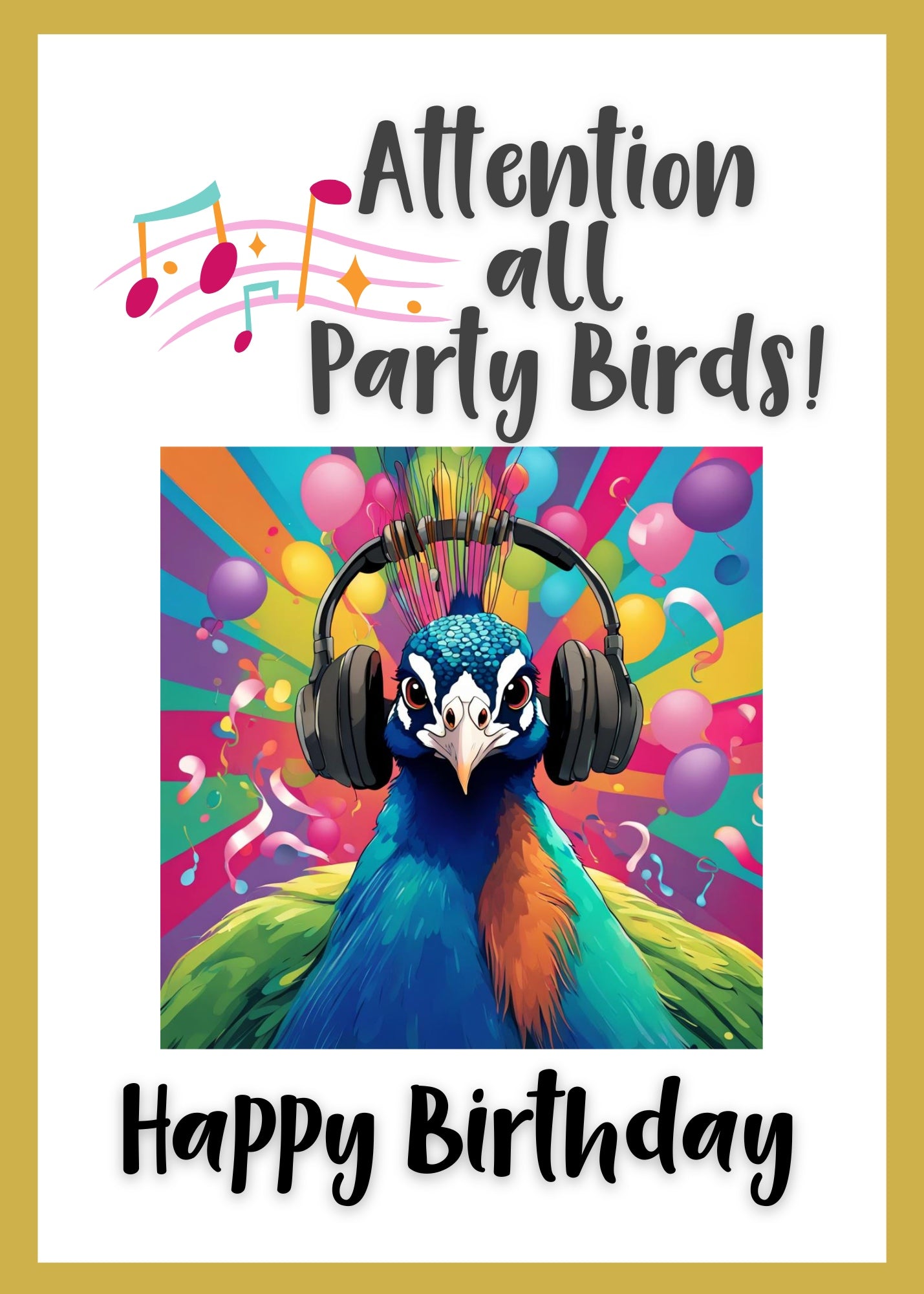 a peacock wearing musical headphones. Very colorful and fun. A birthday card. Humorous  birthday greeting. 