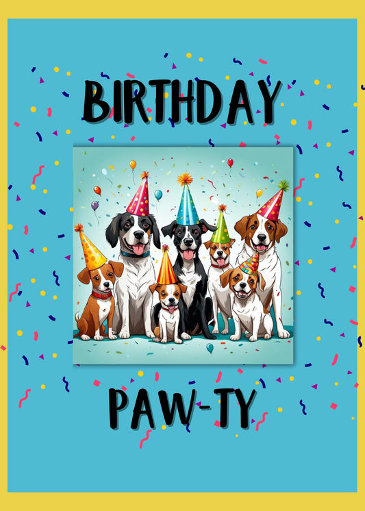 A group of dogs wearing birthday hats. Humorous phrase on front of card. Very colorful.