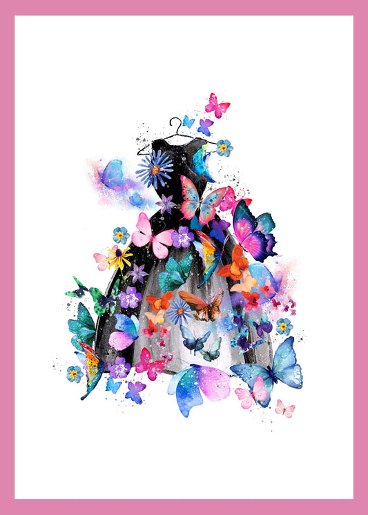 Colorful greeting card. Dress hanging on hanger. Dress is covered in butterflies.