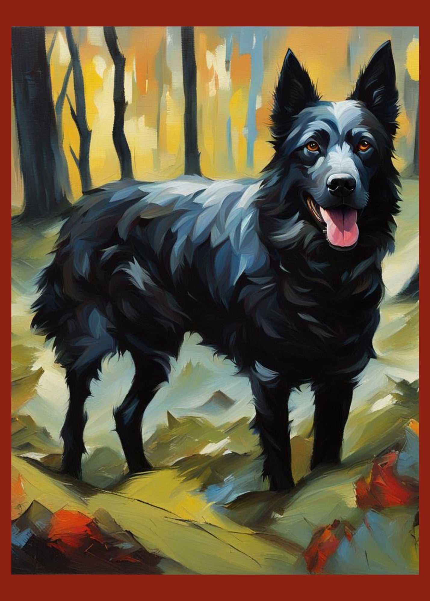 Front of greeting card. Large beautiful black dog in the woods.