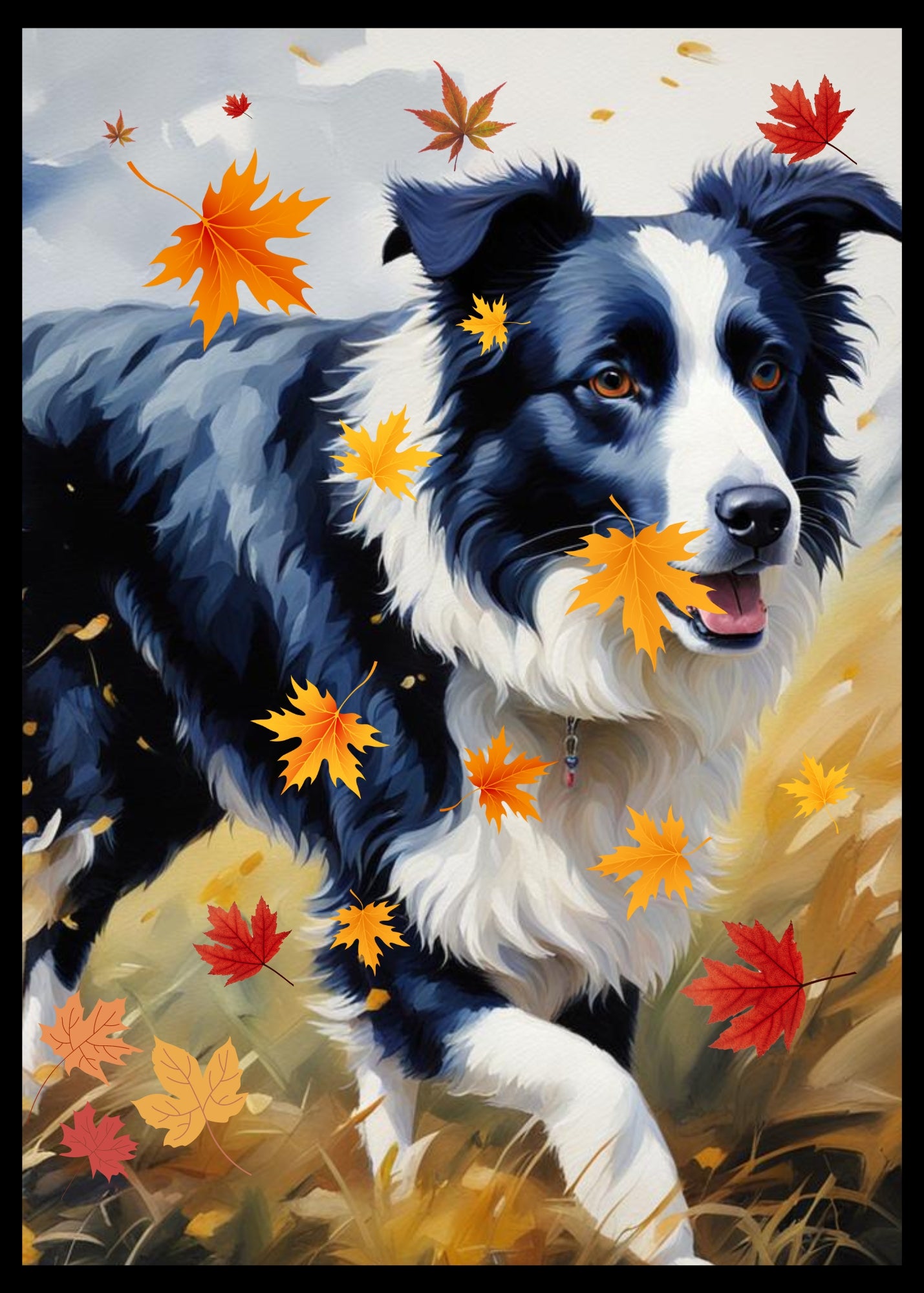 Border Collie running through fall leaves.