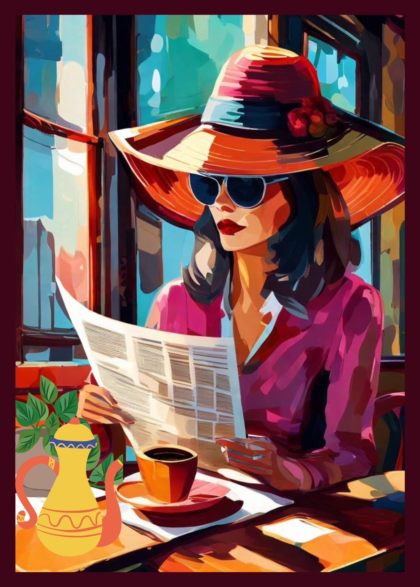 Greeting card cover. Very colorful. Woman wearing a large hat and sunglasses. She is reading the paper and drinking a cup of coffee in a diner. 