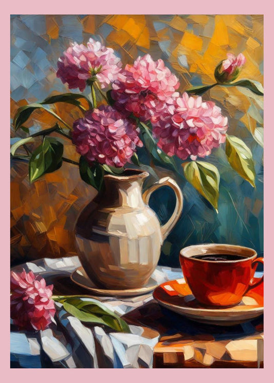 Beautiful greeting card cover. A white vase with pink flowers in it. There is a cup of coffee on the table.