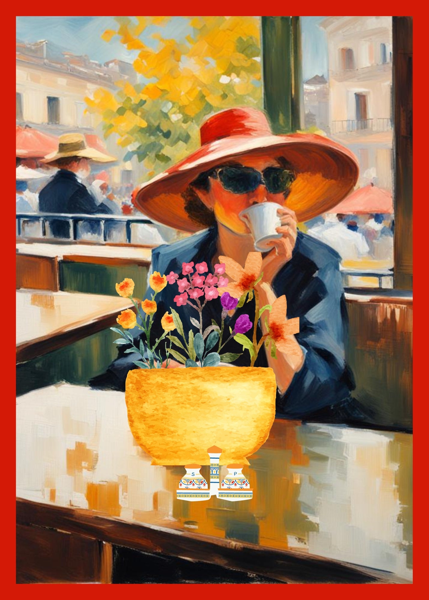 Woman wearing a wide red hat and sunglasses. She is drinking a cup of coffee in a restaurant. There are flowers in front of her.