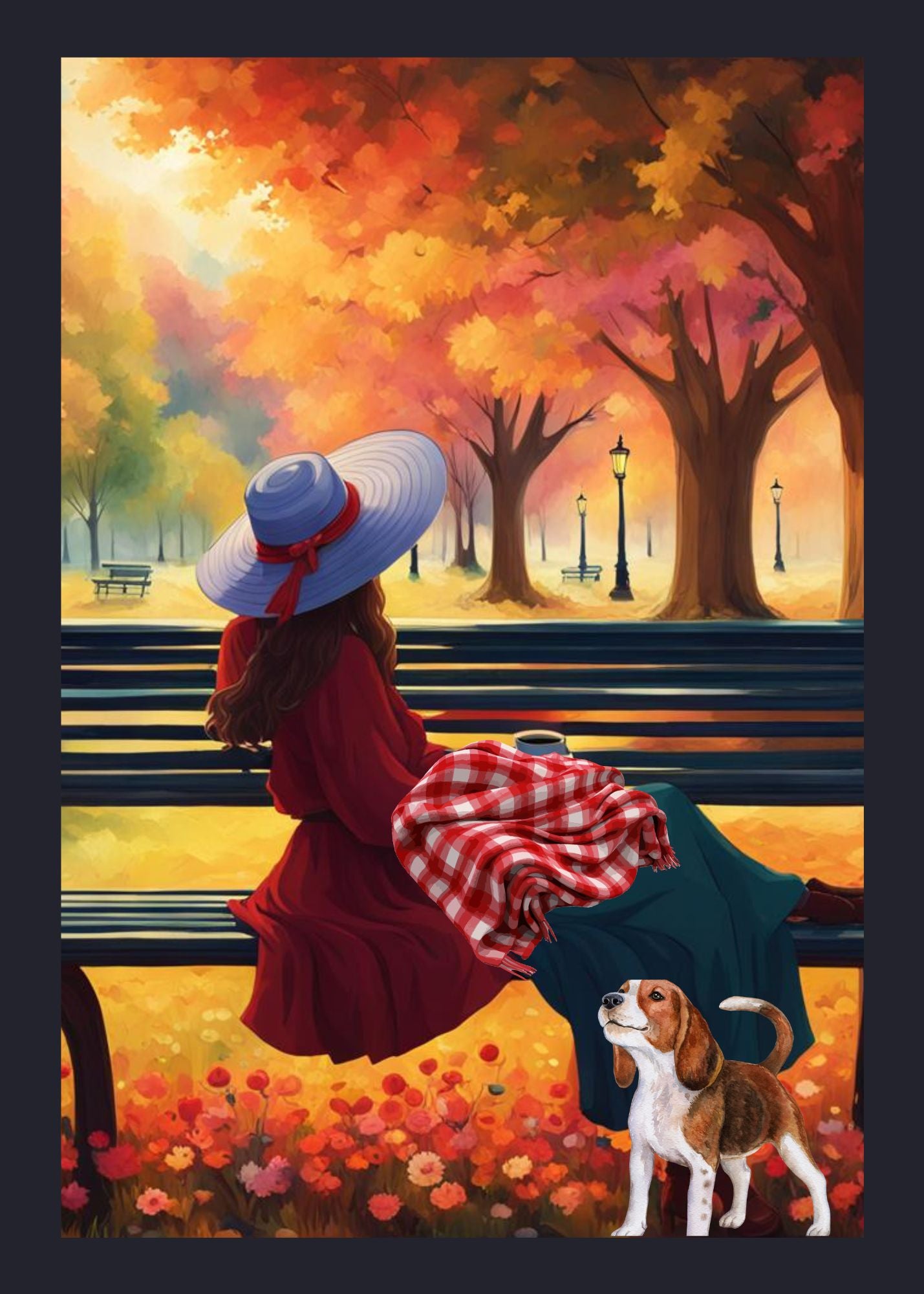 Colorful greeting card. Woman sitting on a park bench. There is a dog at her feet. She is drinking a cup of coffee.