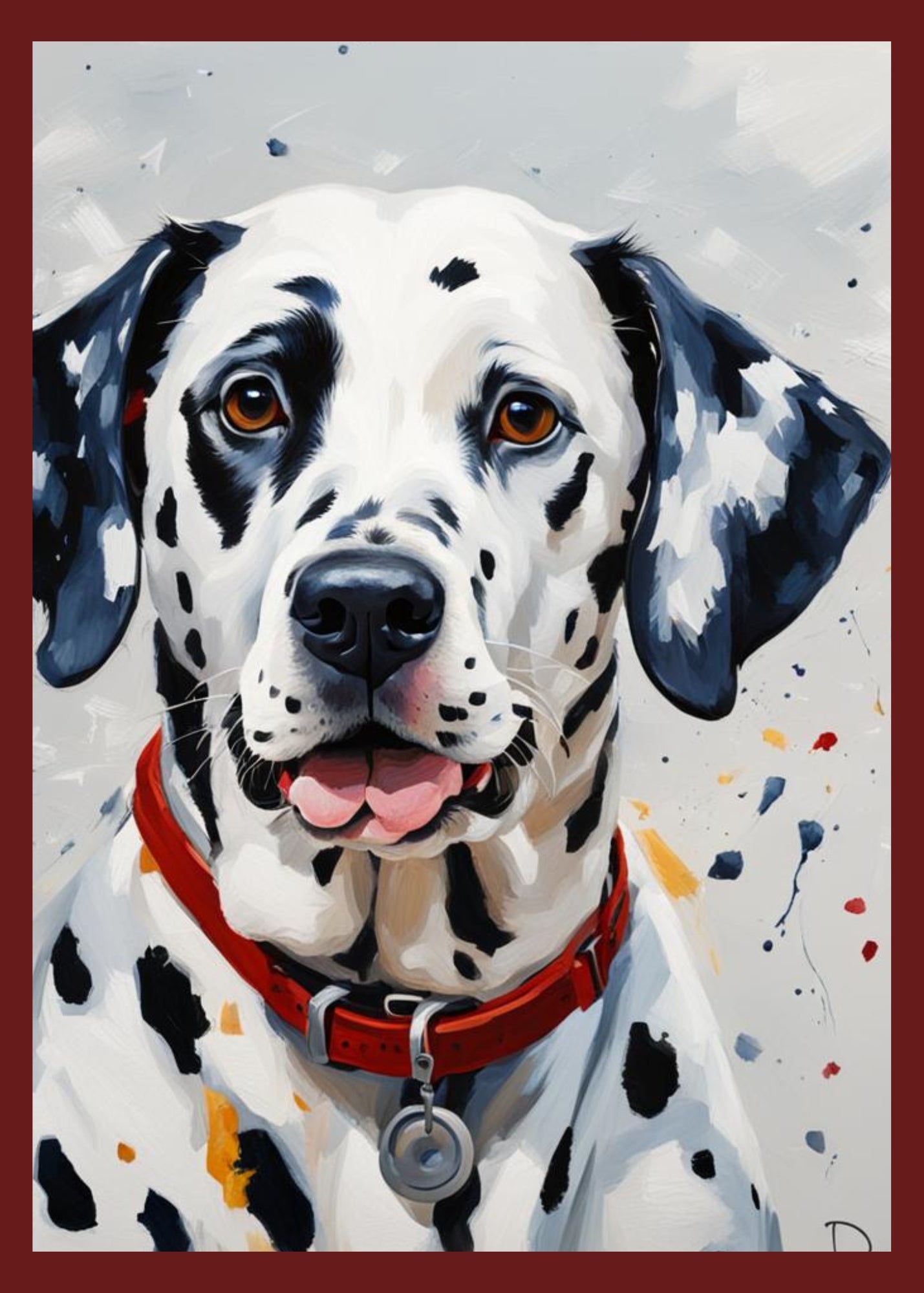 White and Black Dalmatian dog. Dog is wearing a red collar.