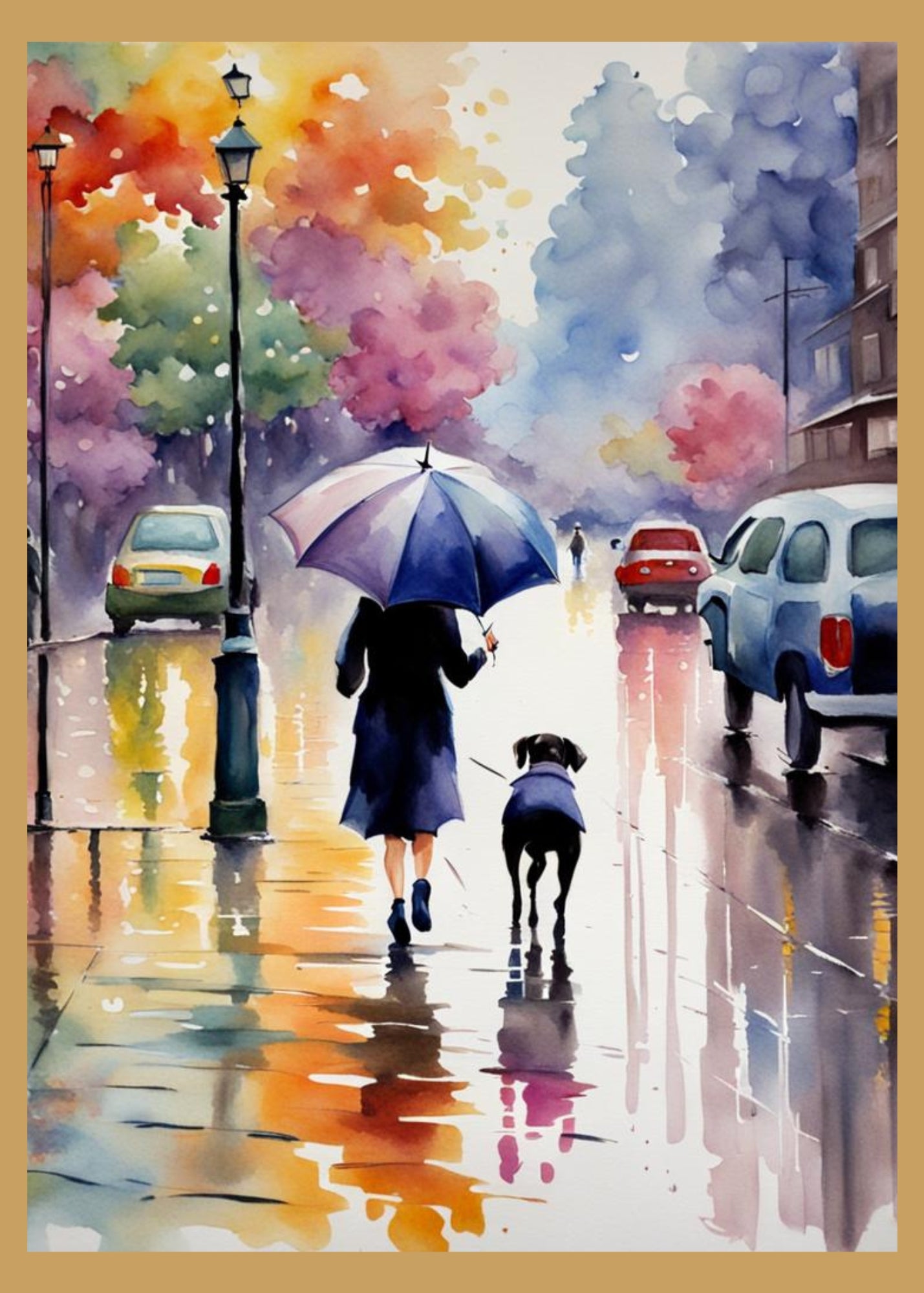 Front of greeting card. Watercolor picture of woman walking dog in the rain. She is carrying an umbrella. The fall leaves are colorful.