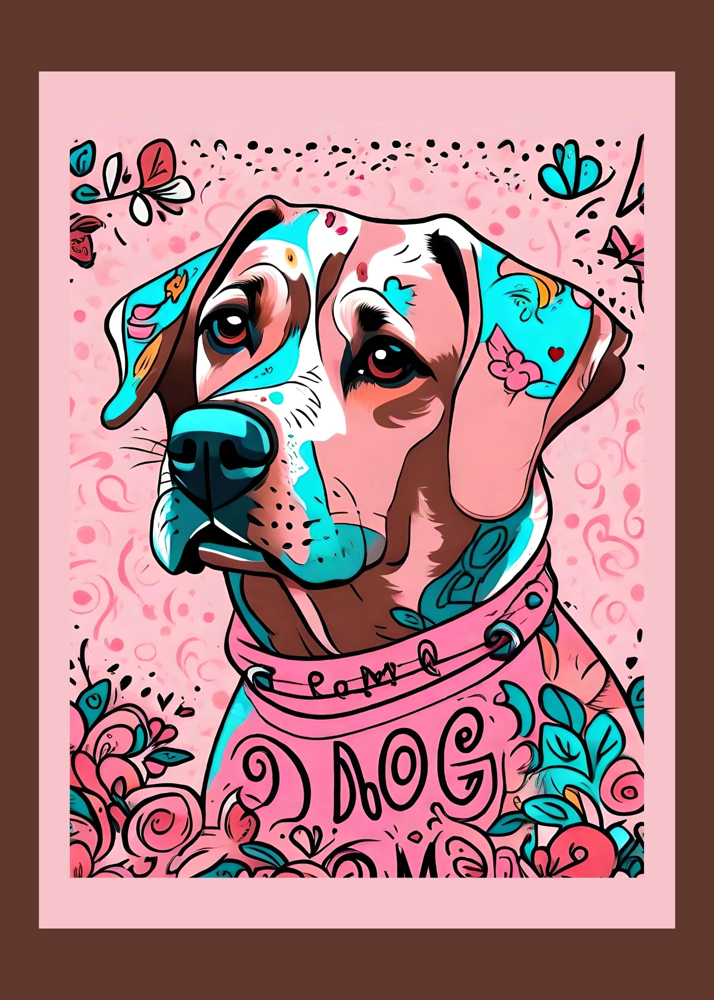 Pink Greeting card. Brown dog with flowers on front cover.