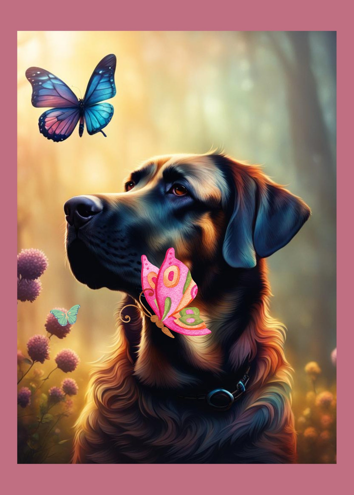 Dog in woods with butterflies. Greeting card front cover.