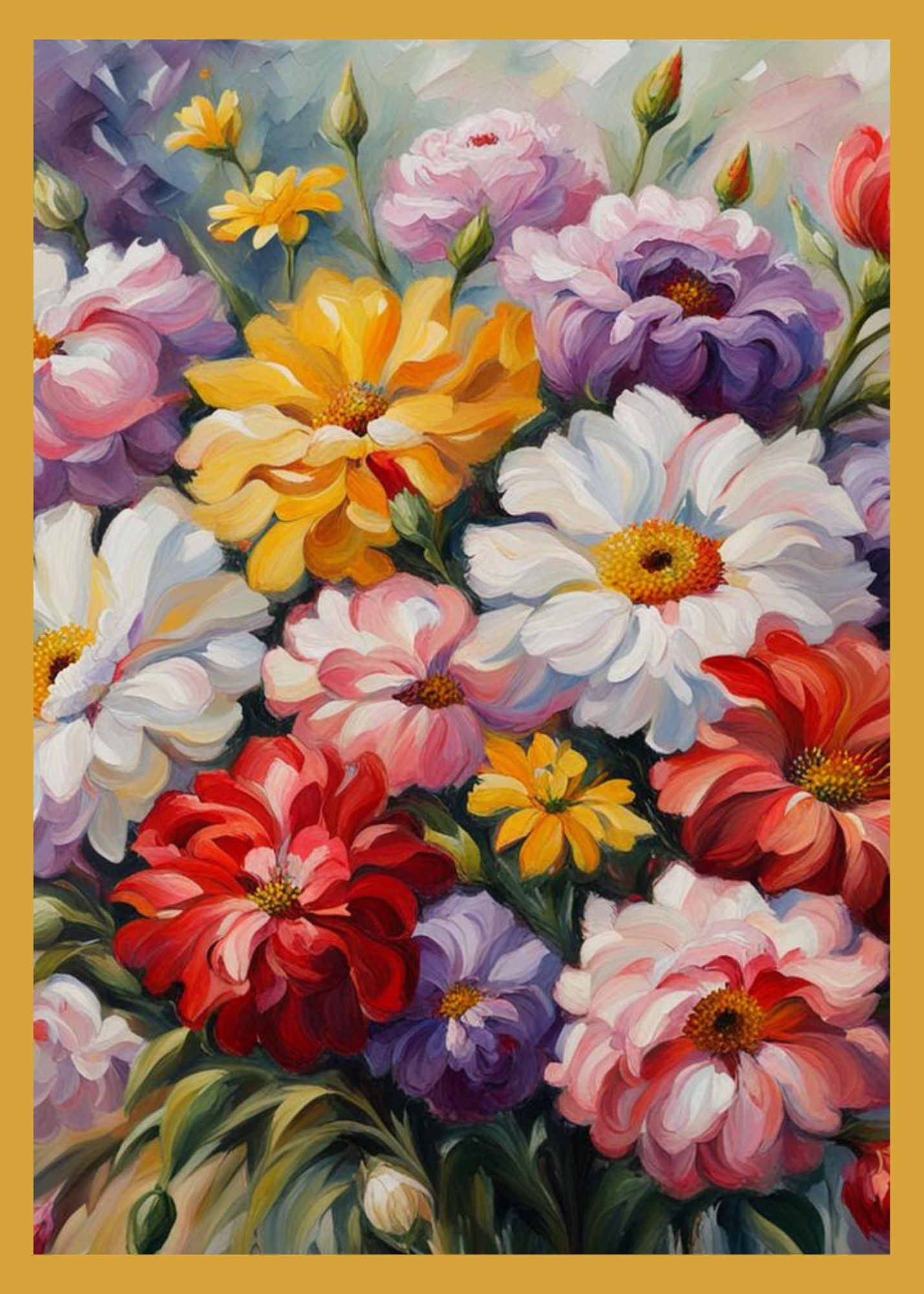 Several colorful flowers. Oil painting image of flowers on greeting card. 