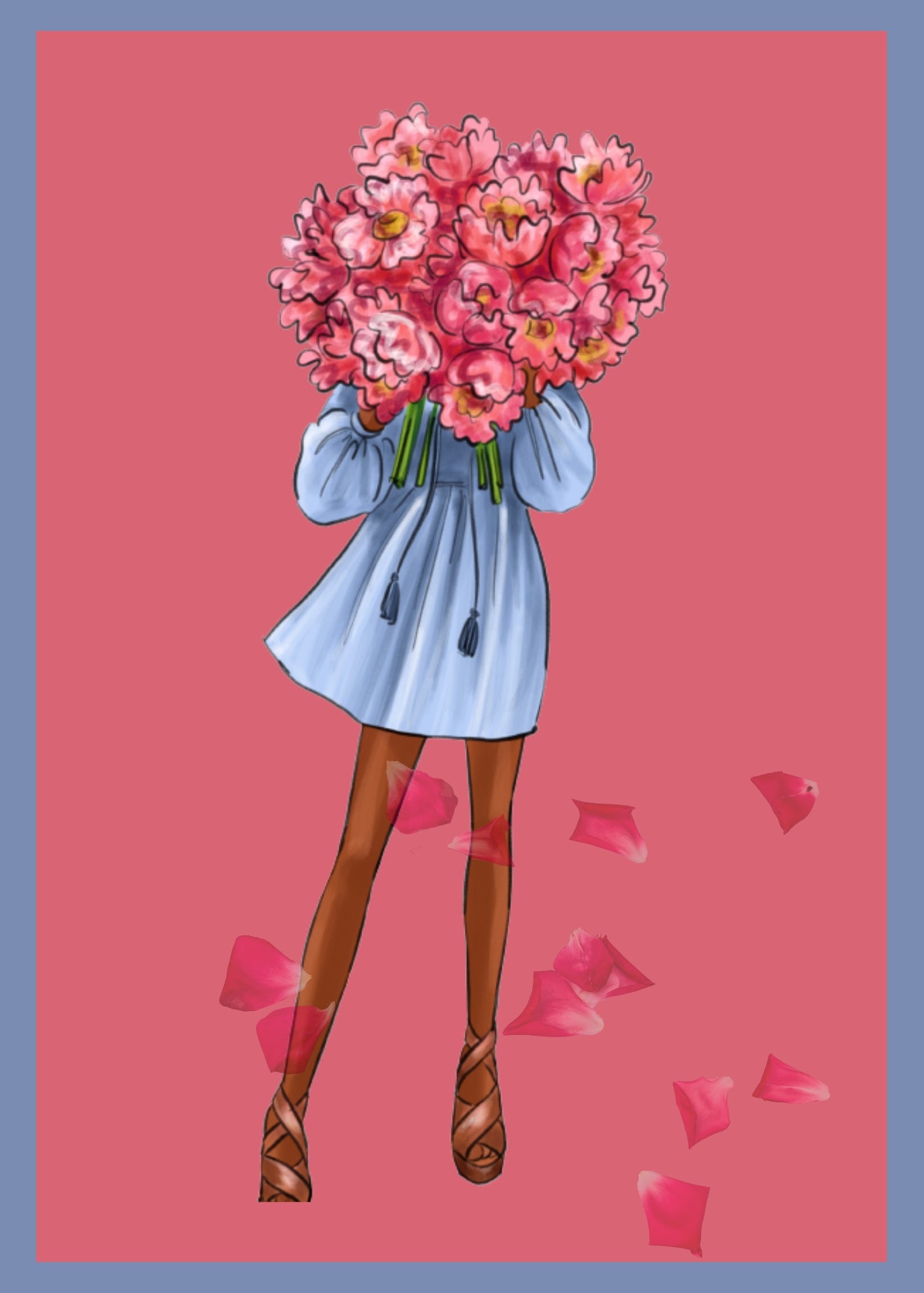 Greeting card. Woman in blue dress with large boquet of flowers.