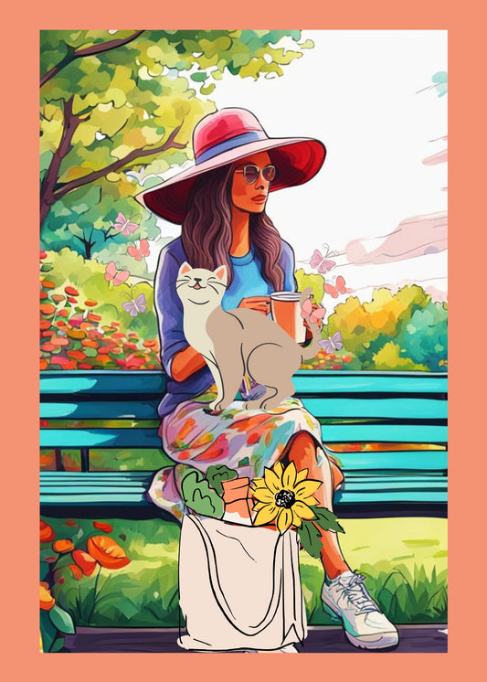 Greeting card. Woman wearing hat and sunglasses sitting on park bench. She is drinking coffee and a cat is sitting on her lap.