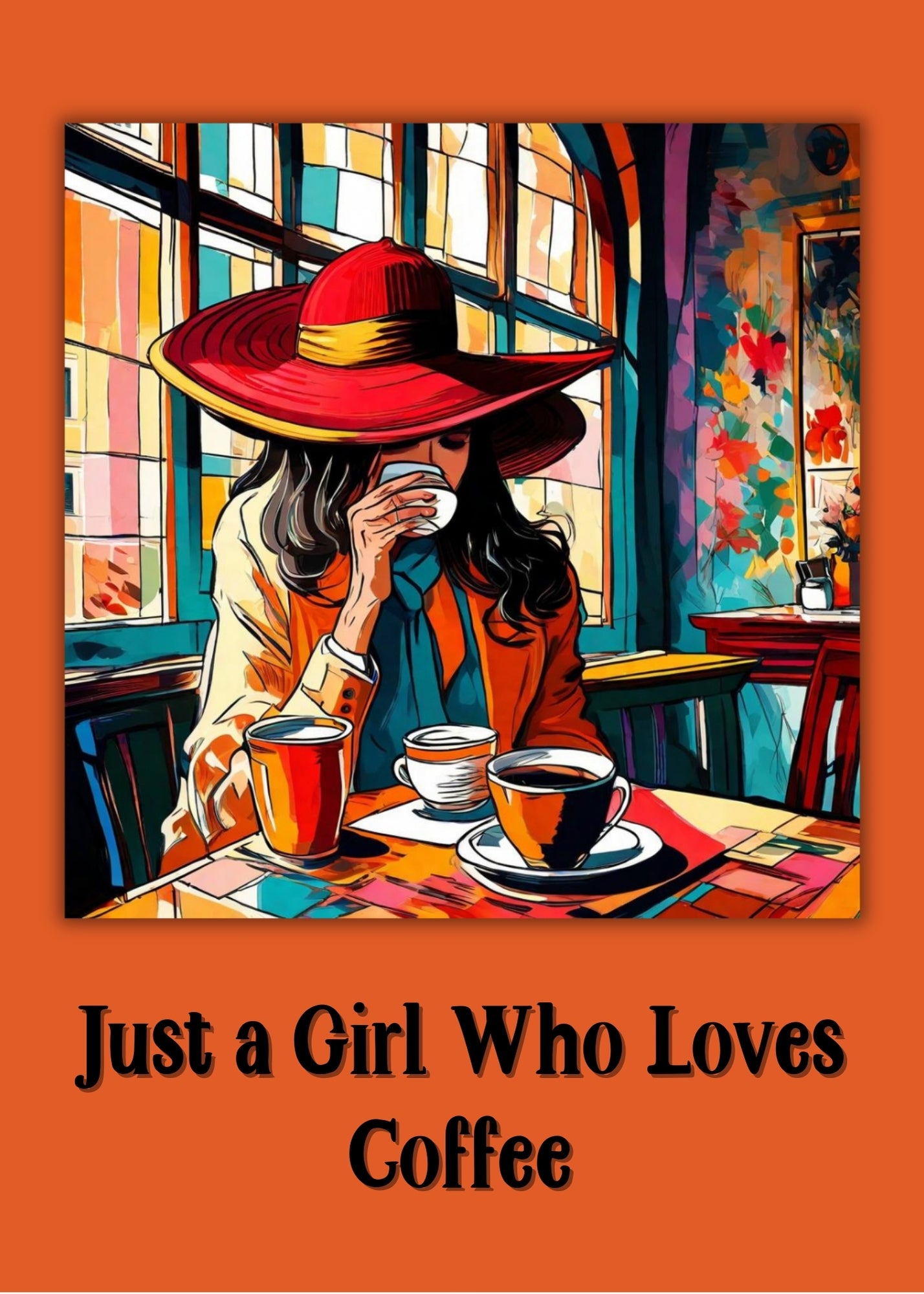 Front of greeting card. Woman drinking several cups of coffee. Humorous phrase on front of card. 