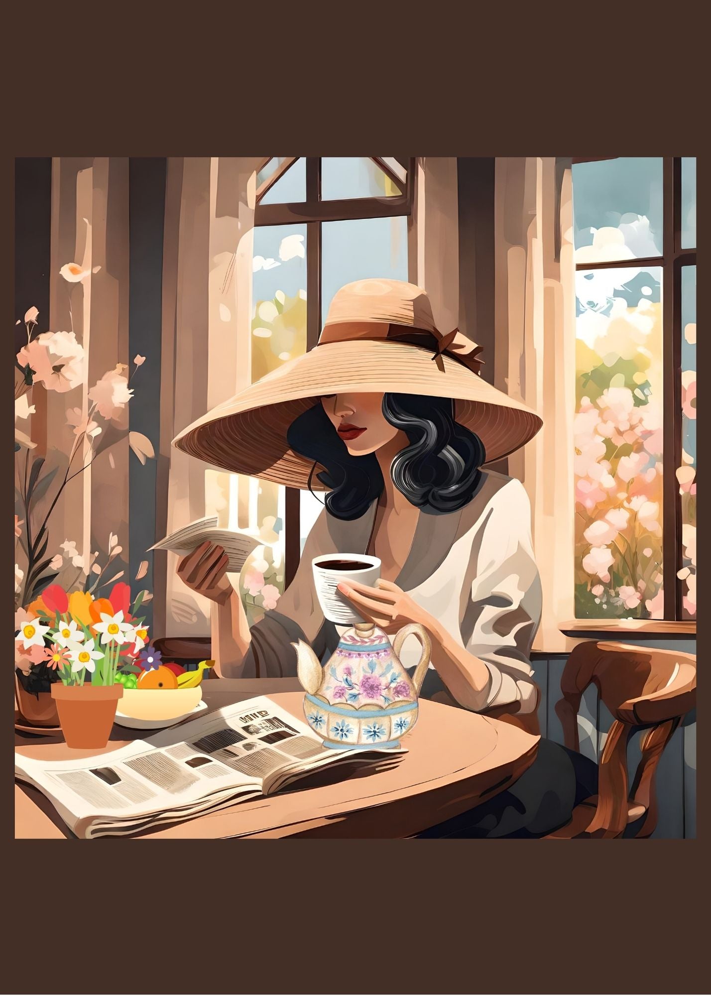 Greeting card cover. Woman sitting at table reading. She is drinking coffee and there are flowers on the table.