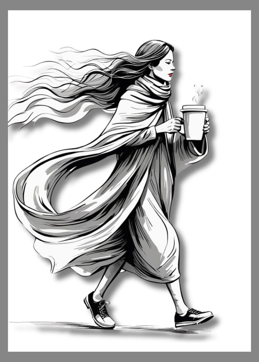 Black and white image of woman walking with an oversized cup of coffee. She is wearing a long sweater and her hair is blowing in the breeze. 