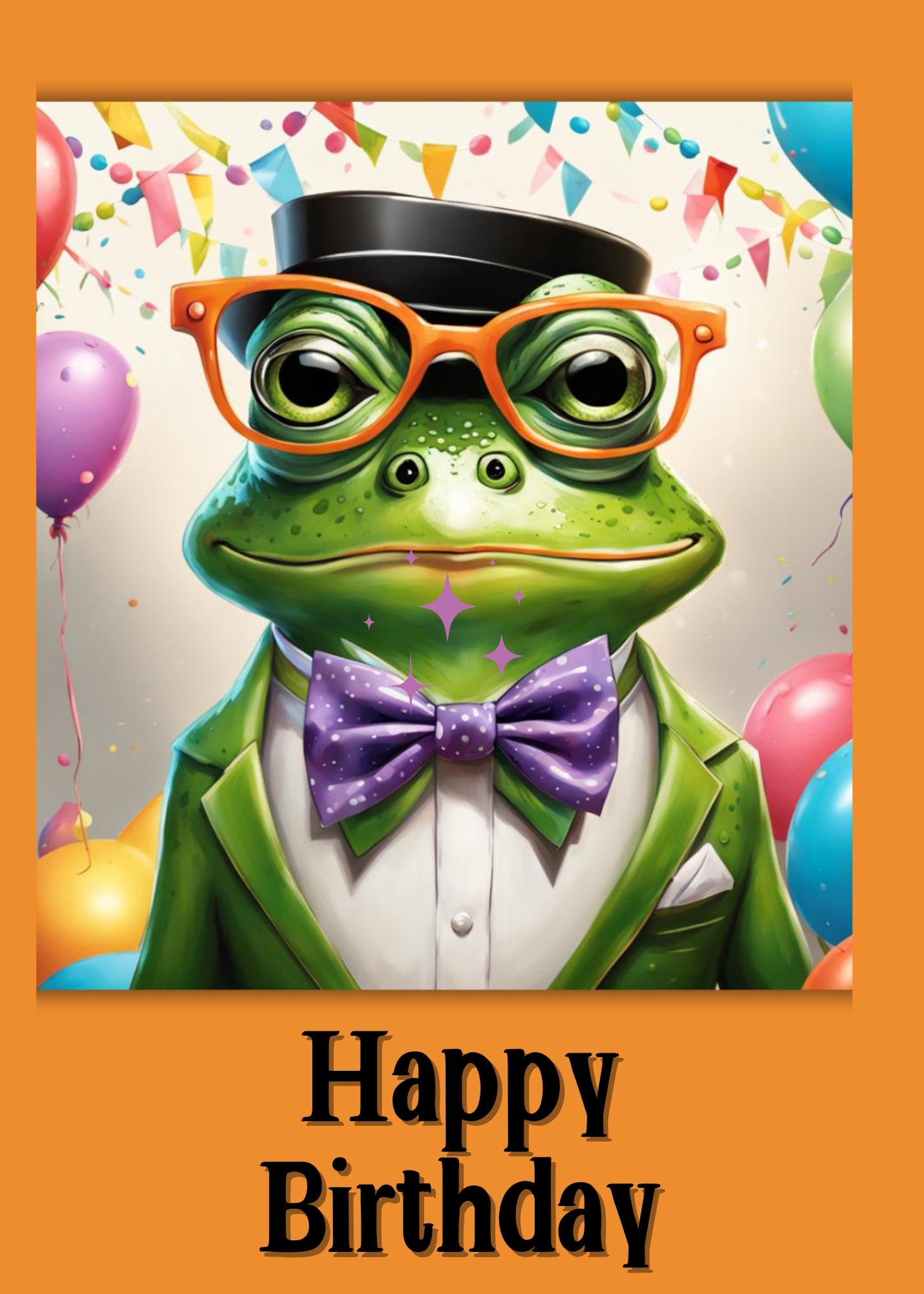 Frog in green suit and purple tie with glasses. Happy birthday greeting on card. Humorous.