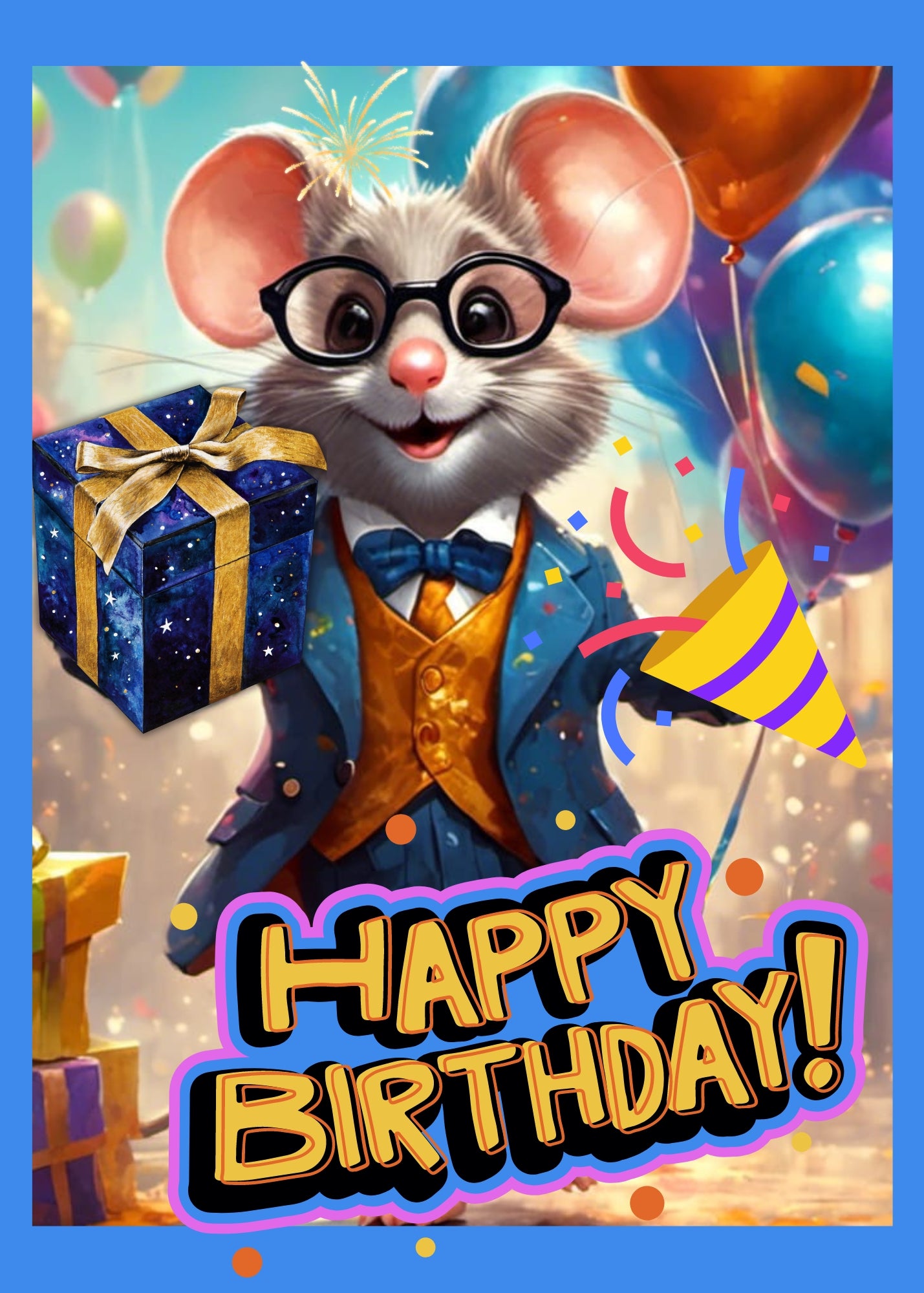 Mouse in a tuxedo carrying birthday gifts at a birthday party. Very colorful birthday card.