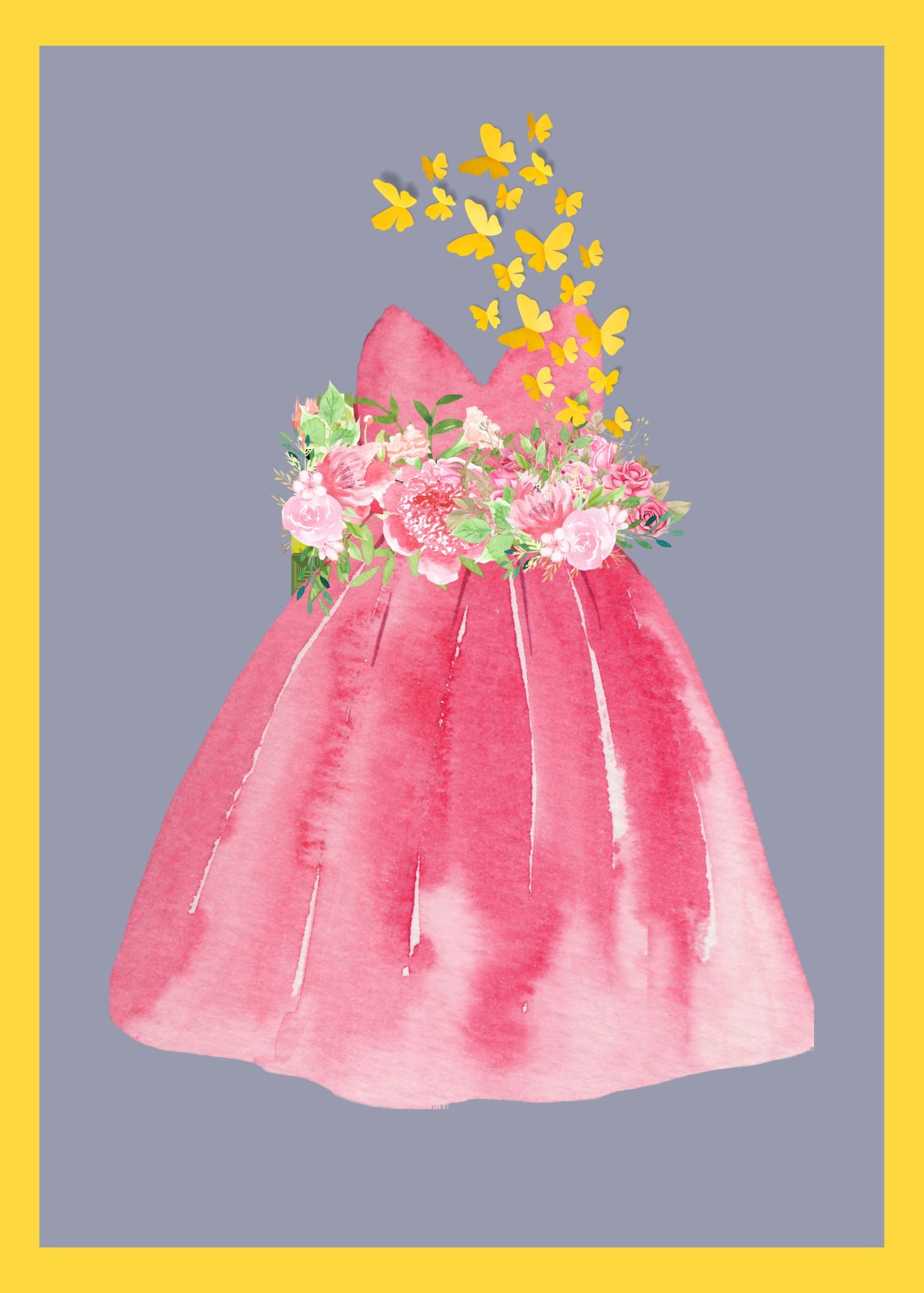 Pink dress with flowers around the waist and yellow butterflies. Front of Greeting card is colorful. 