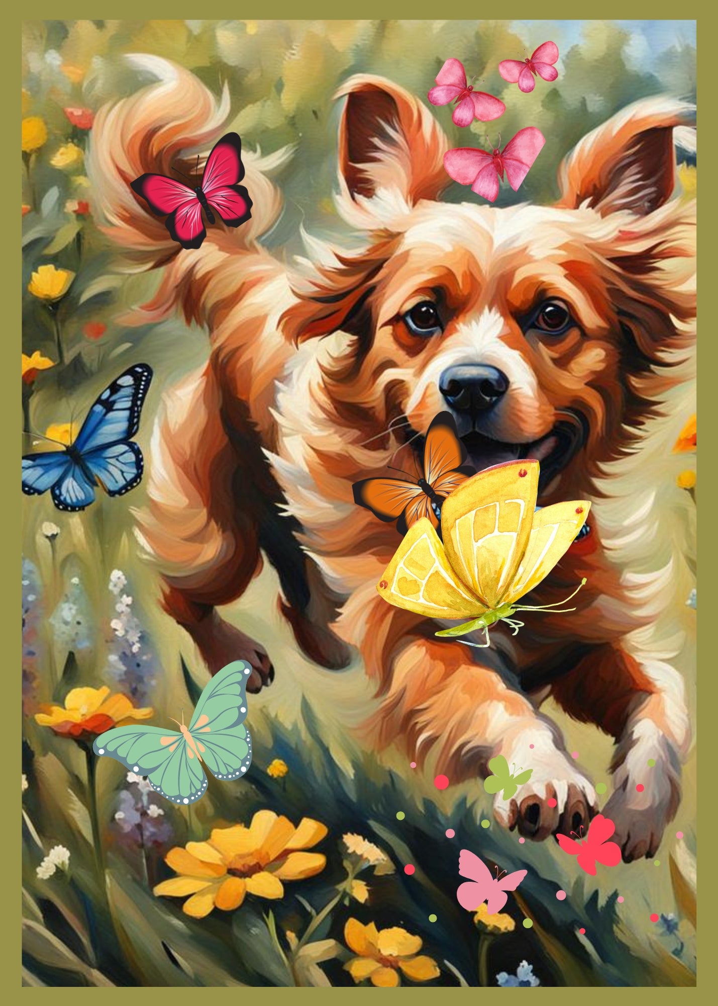 Colorful painting of brown dog playing with butterflies.