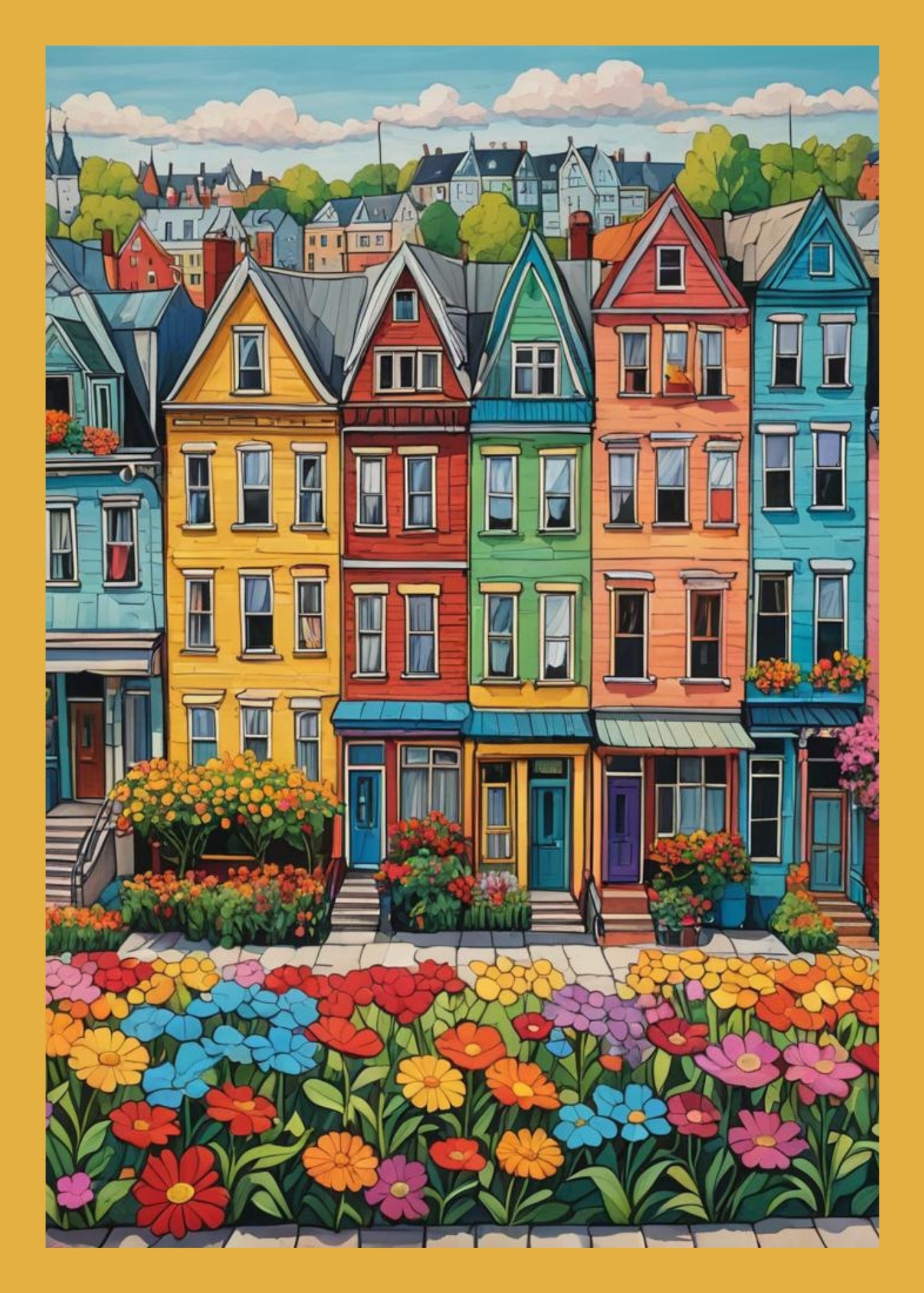 Greeting card. Very colorful row homes with flower beds. 