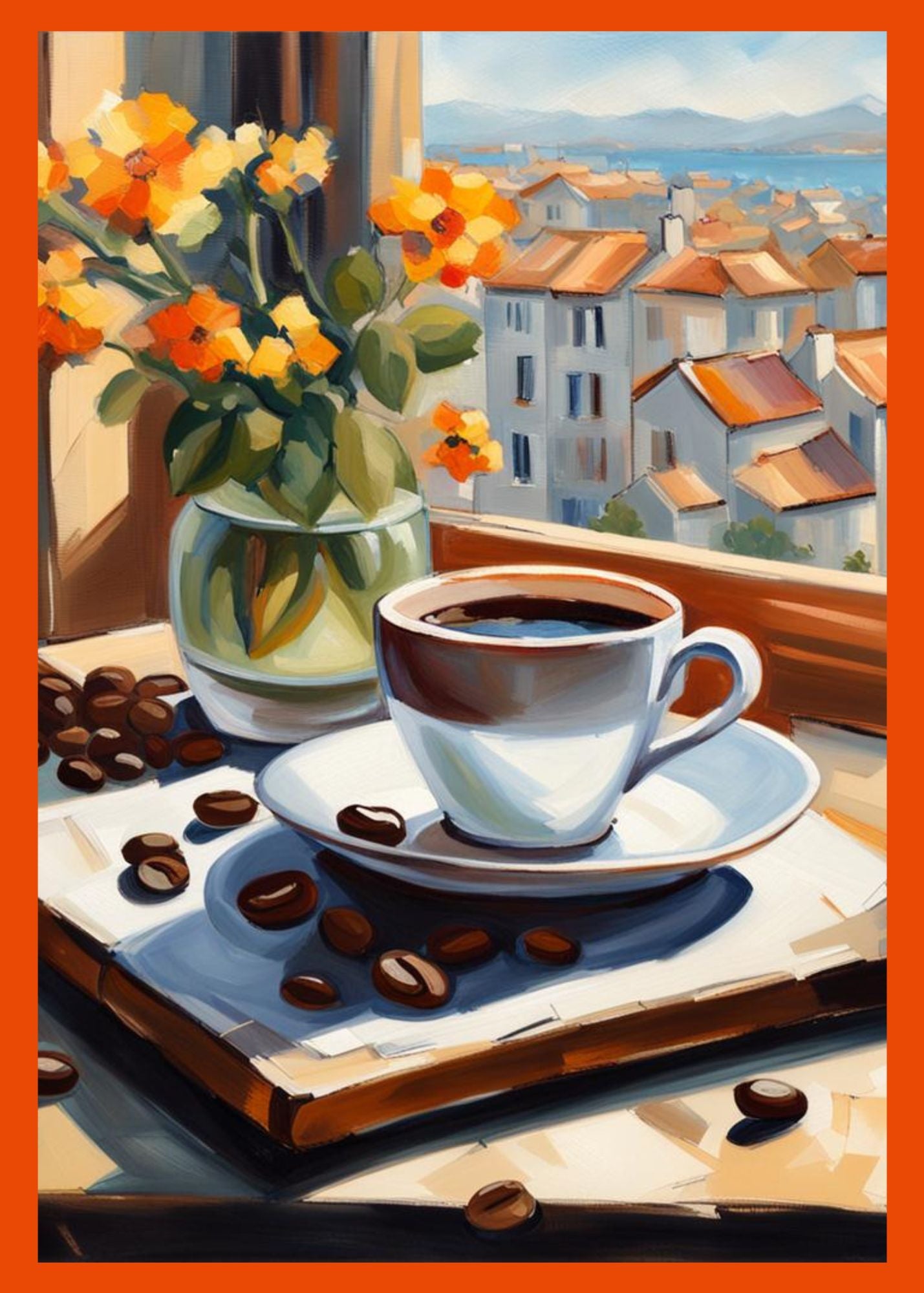 Cup of coffee and a vase of flowers next to a window. Coffee beans are scattered on the table. 