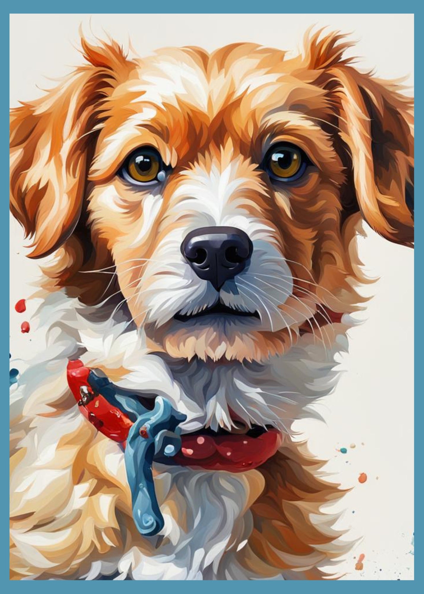 Brown and white terrier dog. It is wearing a red and blue collar.