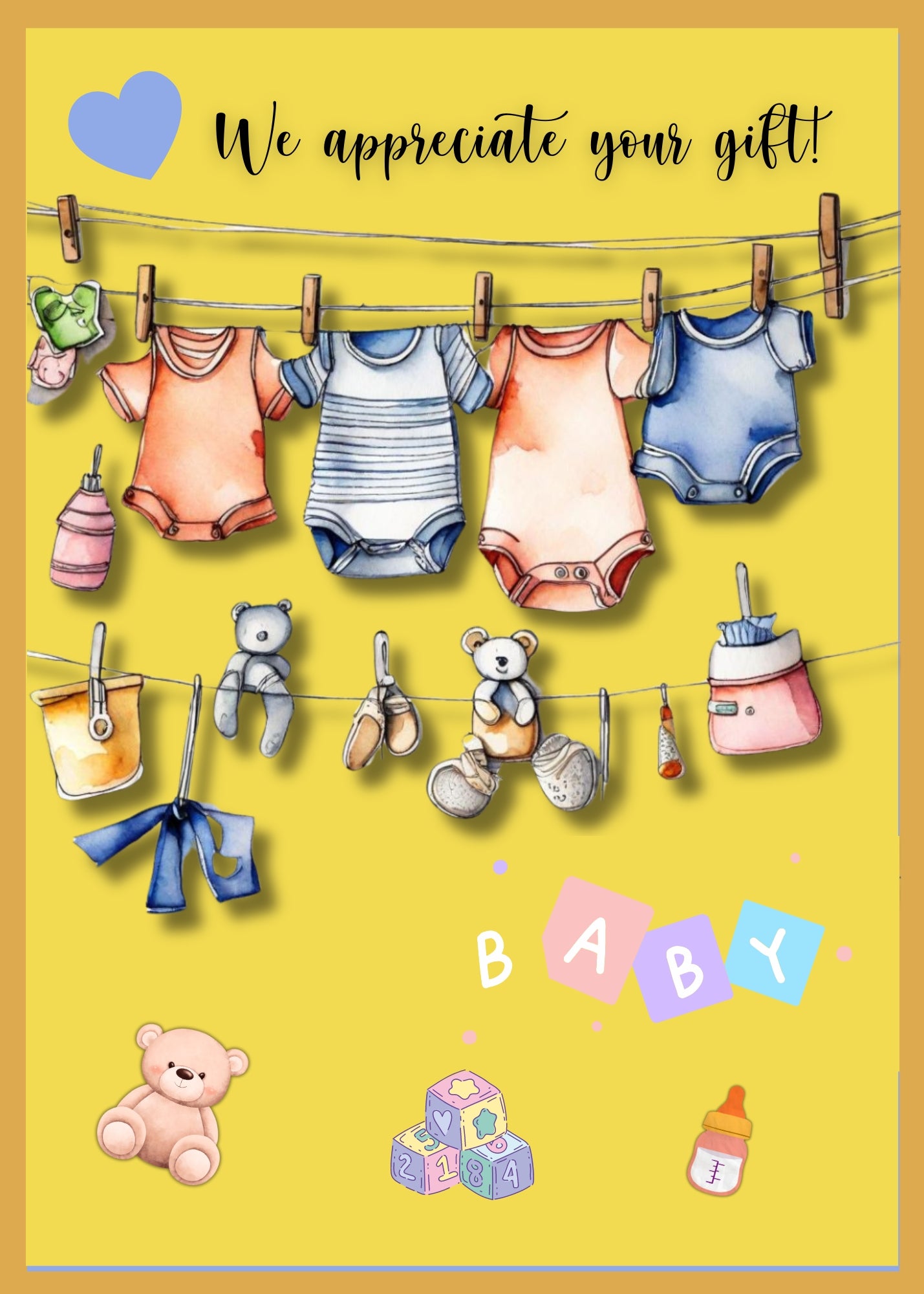 Baby shower thank you card. Baby clothes and toys decorate the cover. 