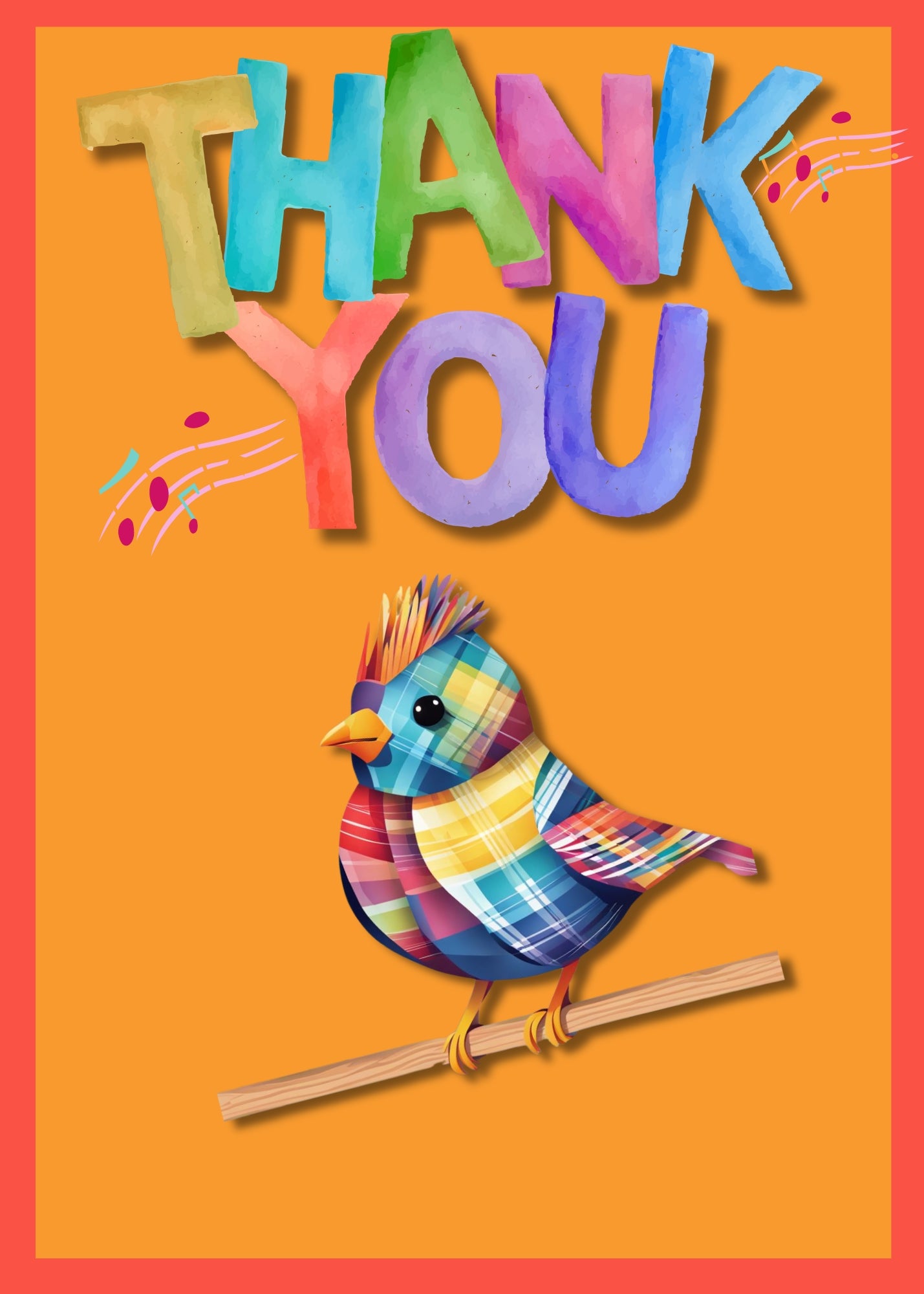 Greeting card with orange background. A singing bird is on the front of the card. The bird is plaid and the words thank you above its head.