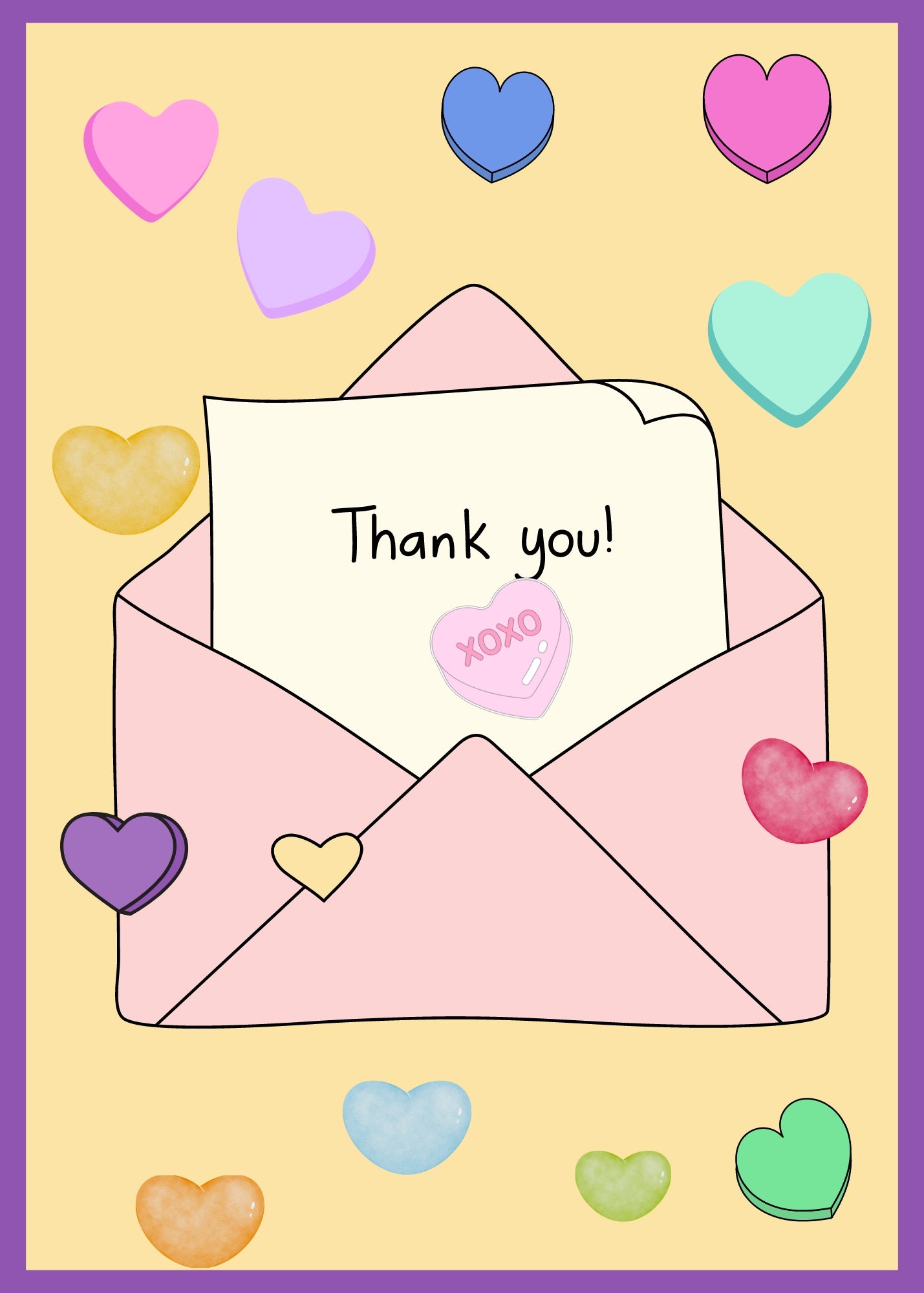 Thank you card decorated with candy hearts.