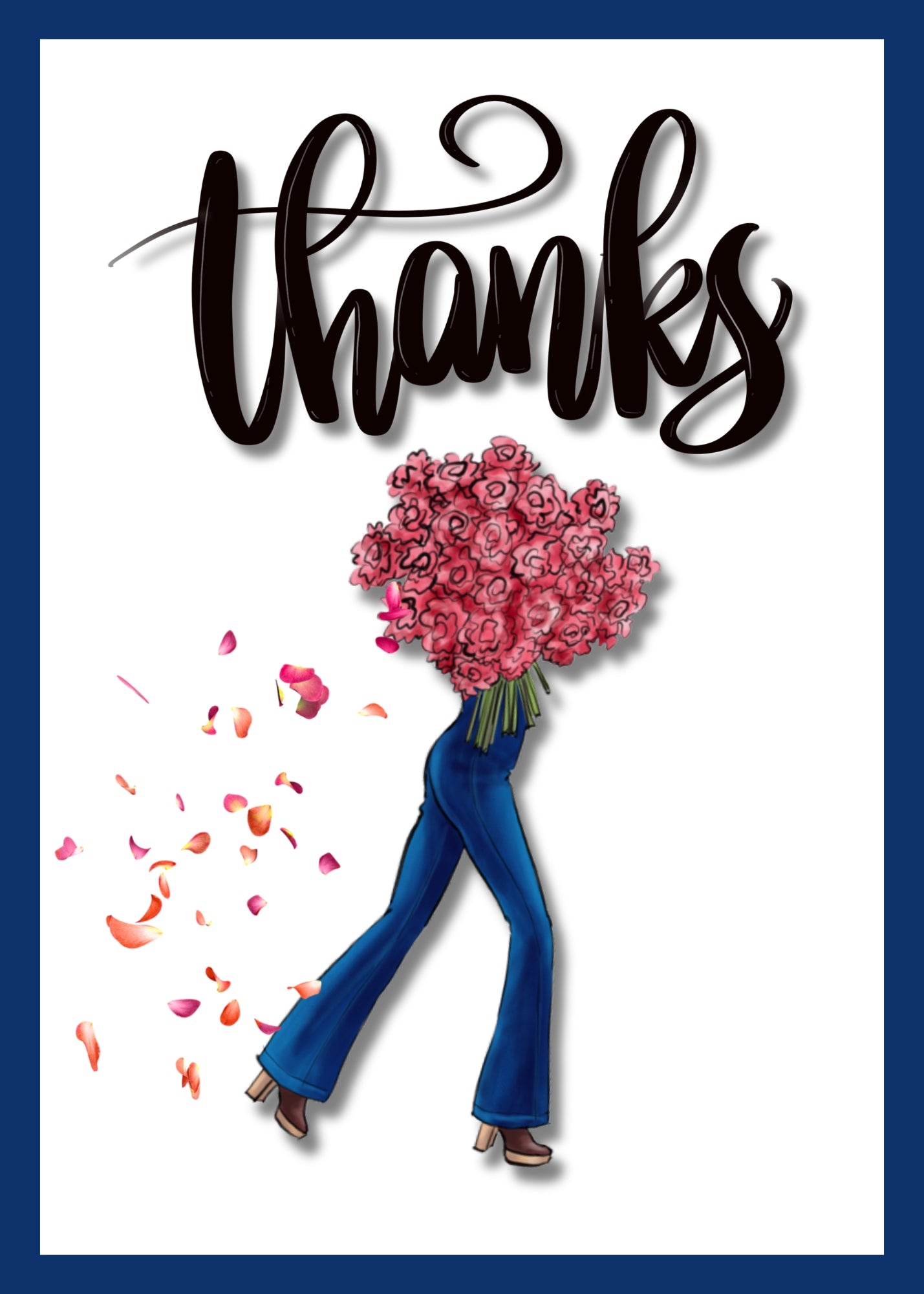 White thank you card trimmed in blue. The word thanks is on top of card and a woman carrying roses is underneath. 