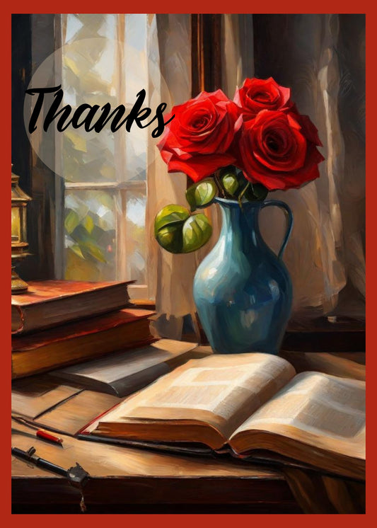 A thank you card decorated with a blue vase, books, and roses. 