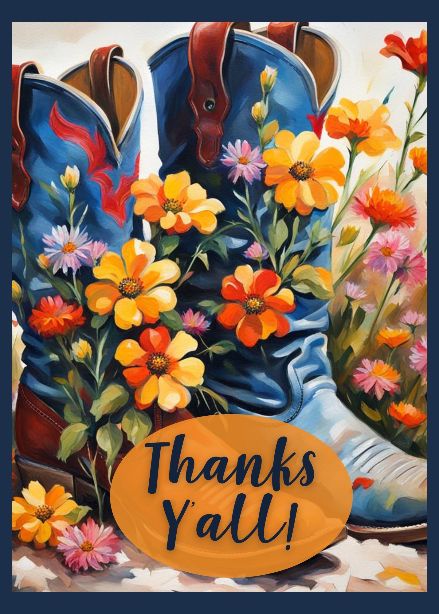 A thank you card. A pair of cowboy boots covered in wildflowers. The phrase Thanks Y'all is on the cover.