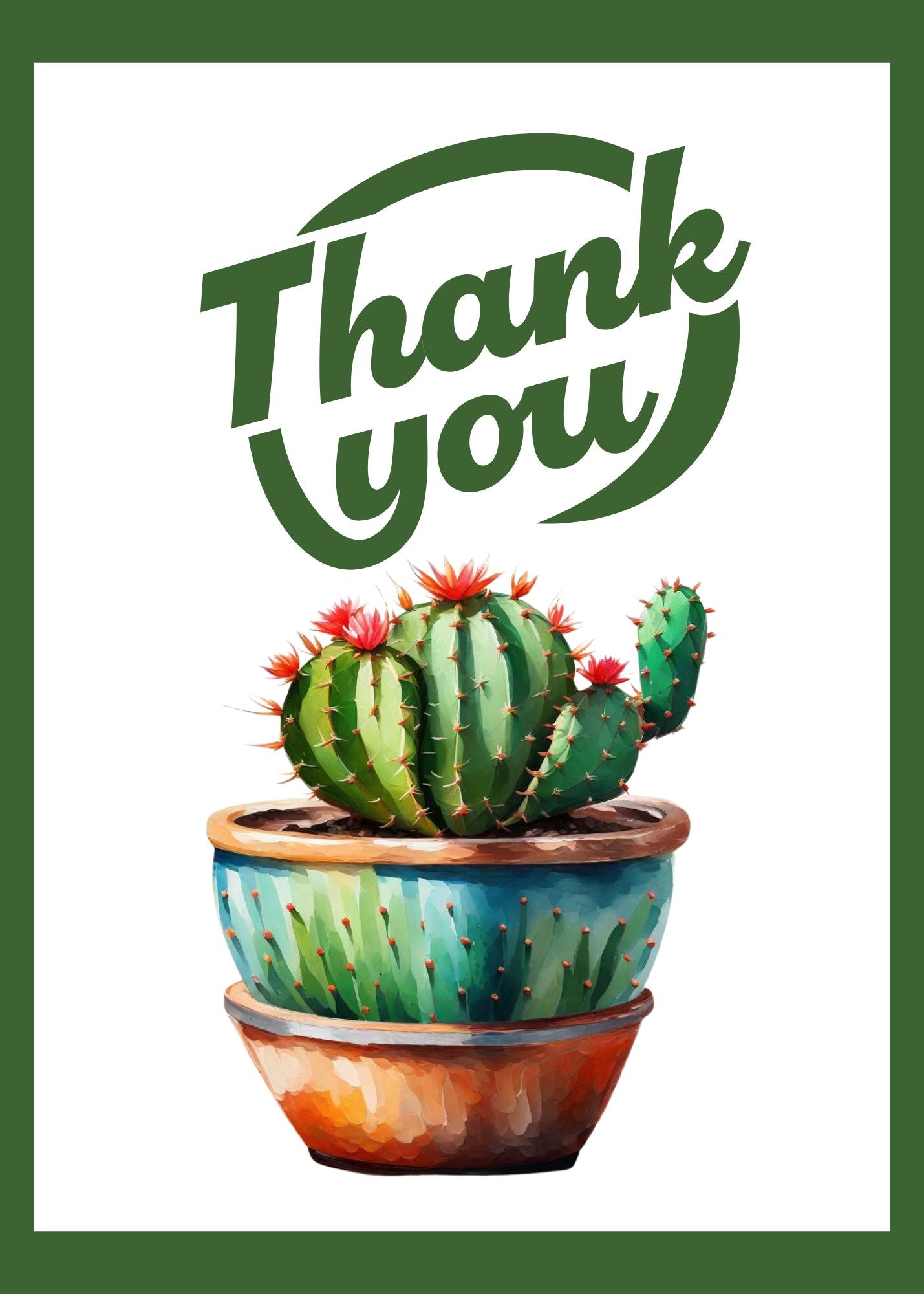 A thank you card. The background is white an a cactus is on the front. 