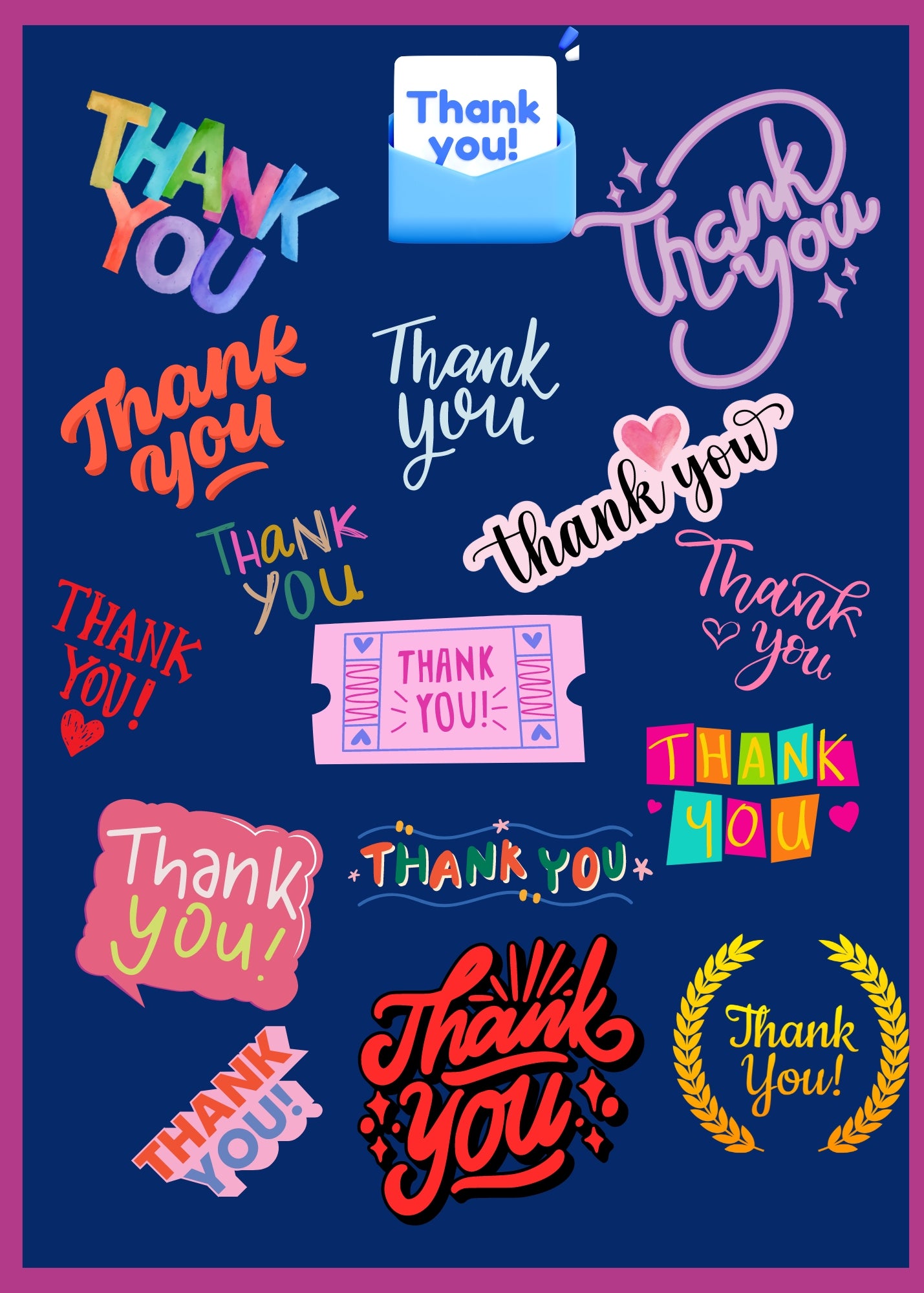 Blue greeting card decorated with multiple thank you stickers.