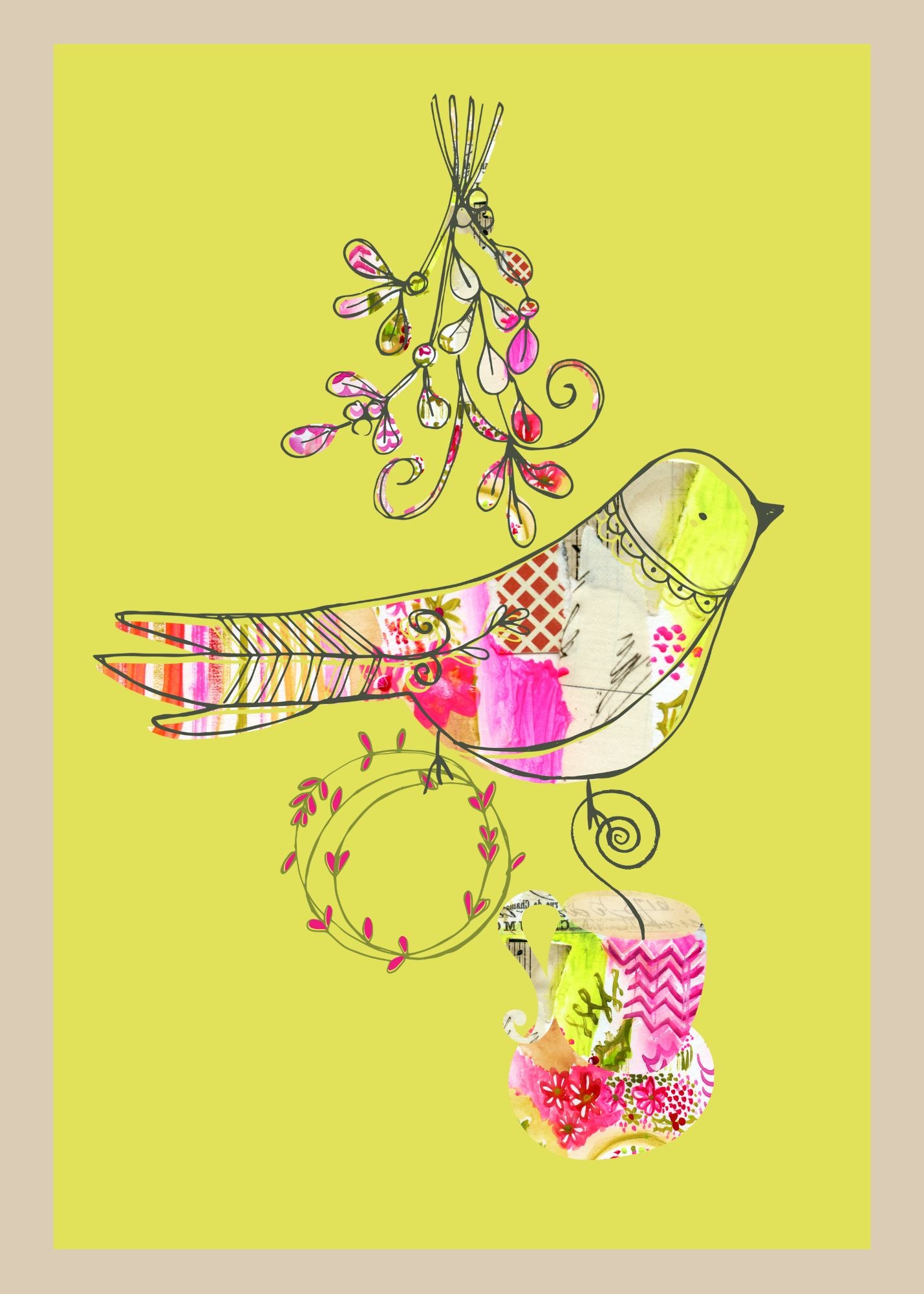 Small bird holding floral wreath. Colors are pink and yellow. Front of greeting card. 