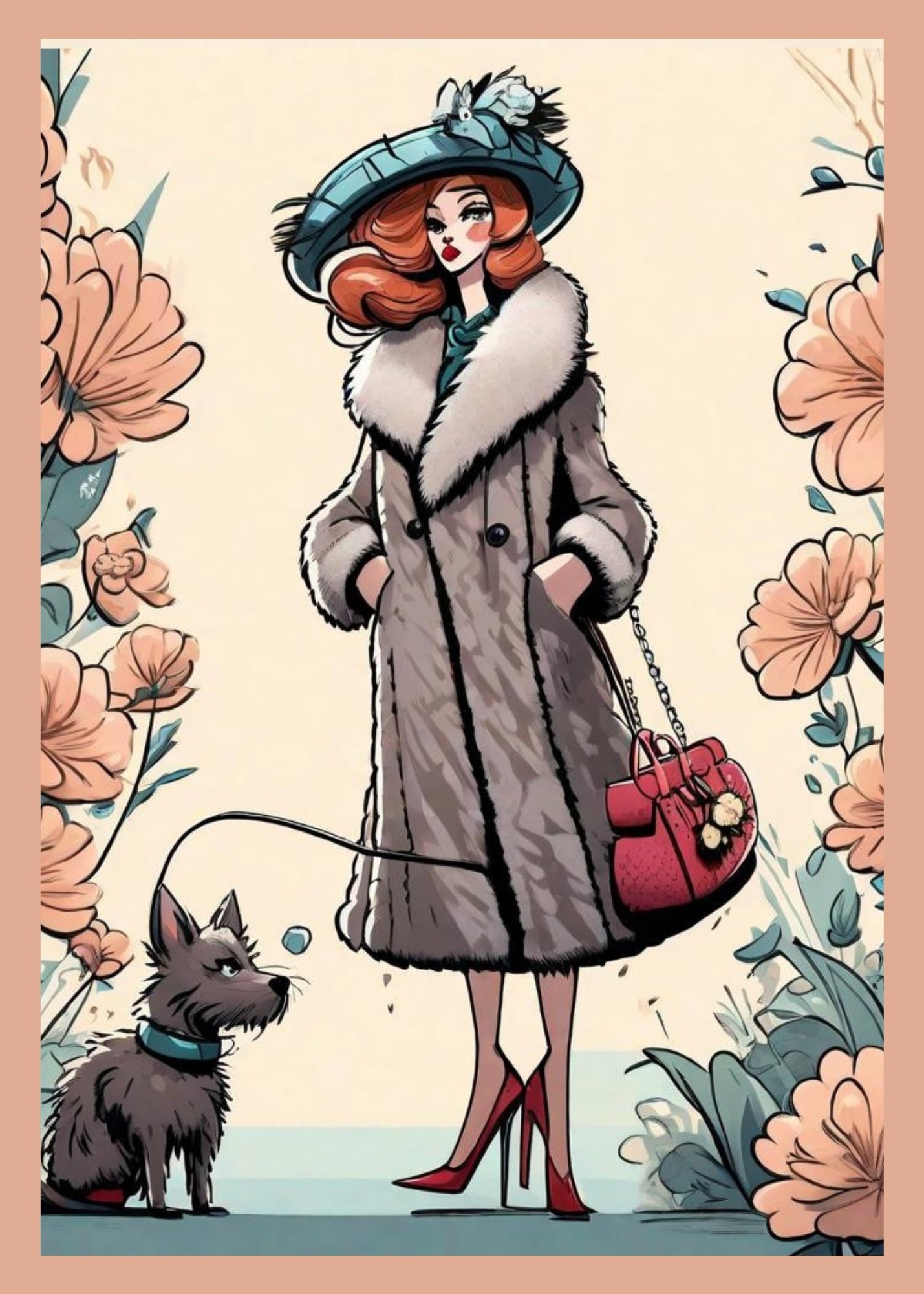 Greeting card. Cartoon image of woman wearing mink coat and floral hat. She is walking a dog.