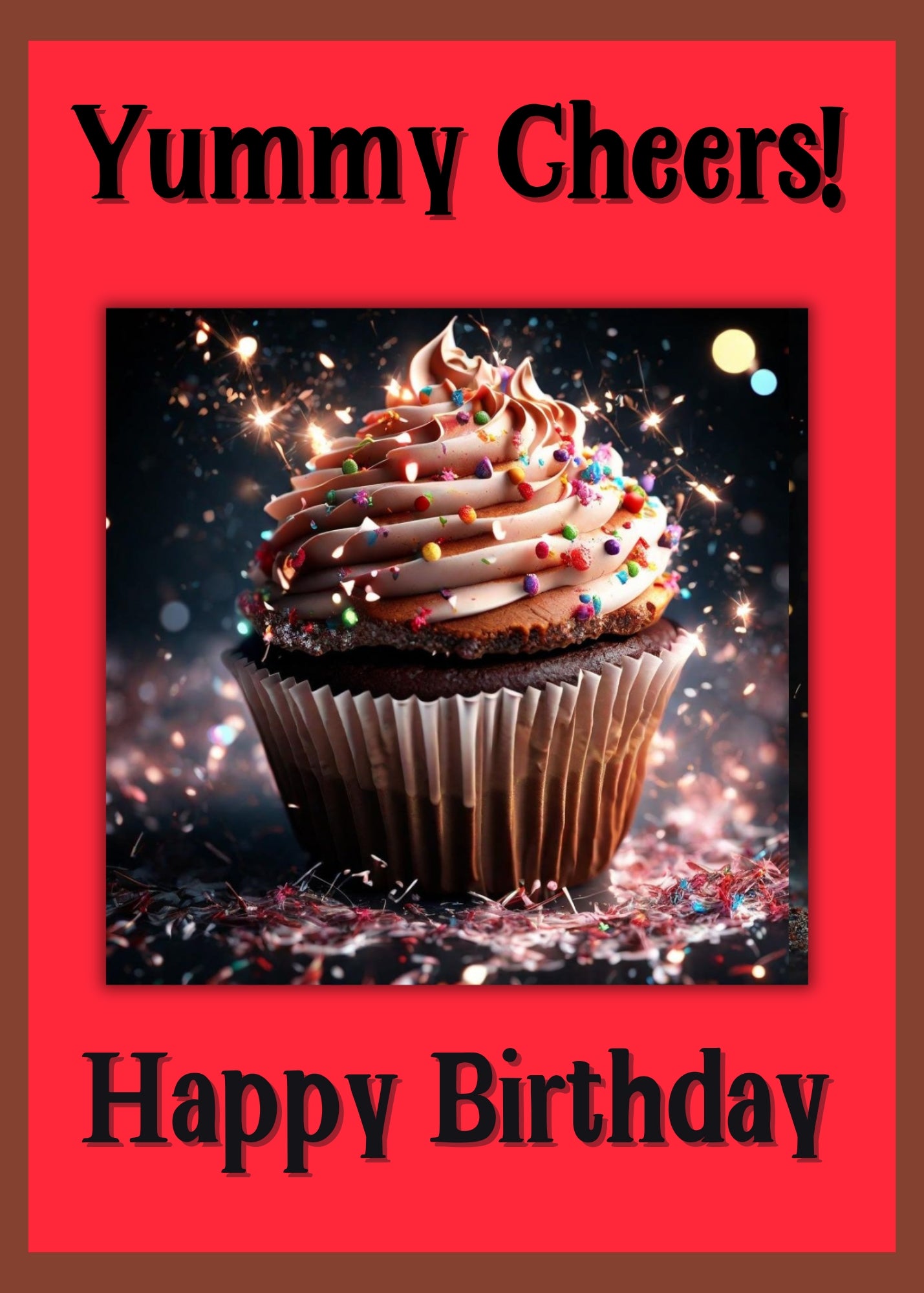 Birthday card with a chocolate cupcake with sprinkles. A humorous phrase and confetti on the front of the card.